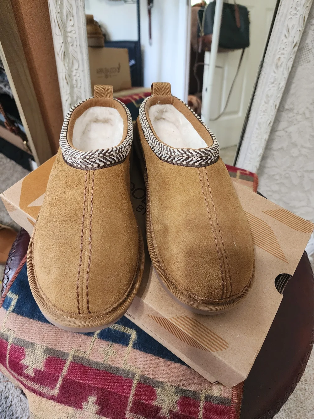 Koolaburra Tan Suede Slip-On Loafers with Patterned Trim